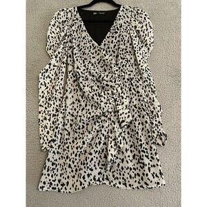 Zara black and gray leopard print mini dress size Small sheer Sleeve Animal LS